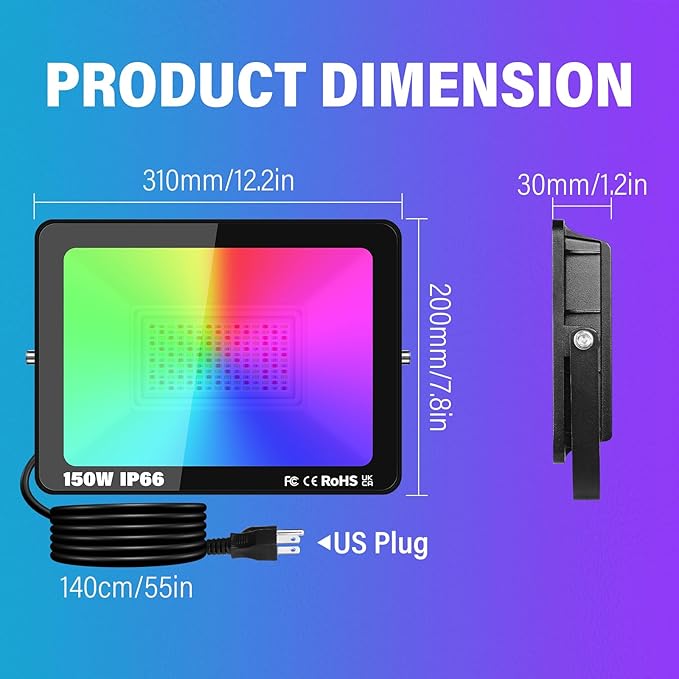 RIGIDON 1 Pack 150W LED Flood Light Outdoor with Plug Smart RGB DIY Scenes Color Changing Landscape Lighting with APP Control IP66 Waterproof Flood Lights for Garden Yards Stage House