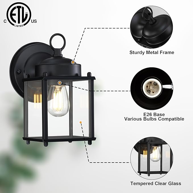 GRUENLICH Outdoor Wall Sconce Exterior Wall Lighting Fixtures with Clear Glass Front Porch Lighting Anti-Rust Outside Lights for Patio Doorway Matte Black 2 Pack