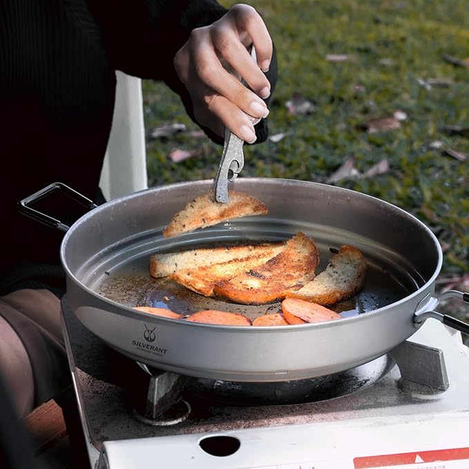 SILVERANT Camping Plate Titanium Pan Dish Plate with Handle &amp Mesh Bag Large Reuseable Ultralight Dinner Plate for Camping Outdoors Backpacking (1500ML)