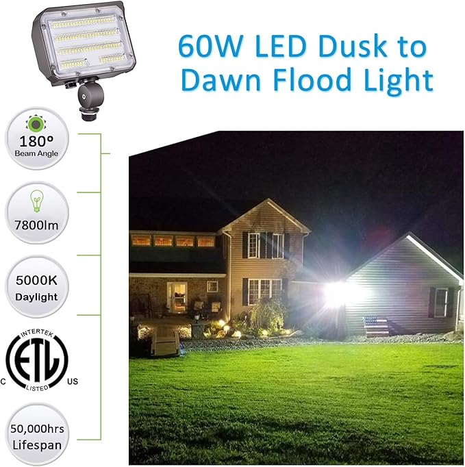 60W LED Flood Light with Knuckle Outdoor Security Fixture Dusk-to-Dawn Photocell 5000K 7800lm(300W Equivalent) 100-277V IP65 Waterproof with Base for Wall Mount for Entrance Garden Yard