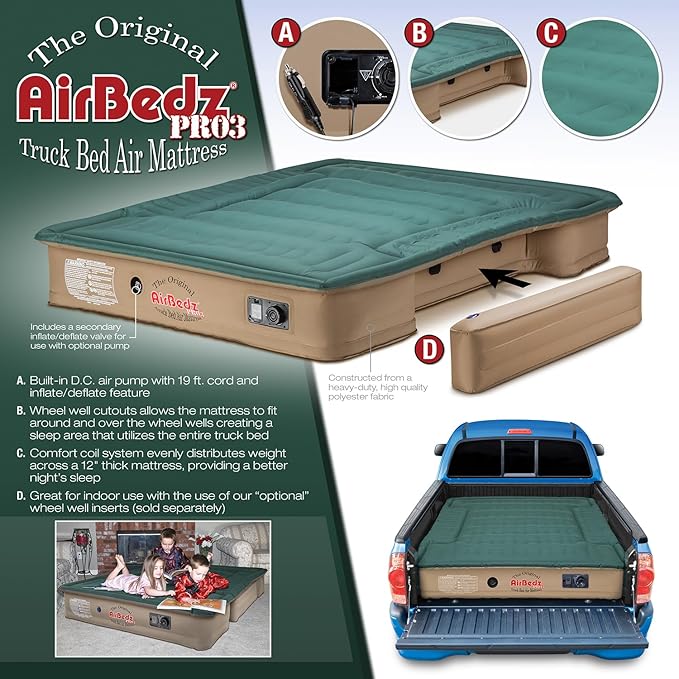 Pittman Outdoors AirBedz Truck Bed Air Mattress – Pro3 Series Truck Bed Mattress for Full Size Long Bed 8 Foot+ 25% More Coverage Built-in Pump Heavy Duty PVC Carry Bag Included - PPI-301