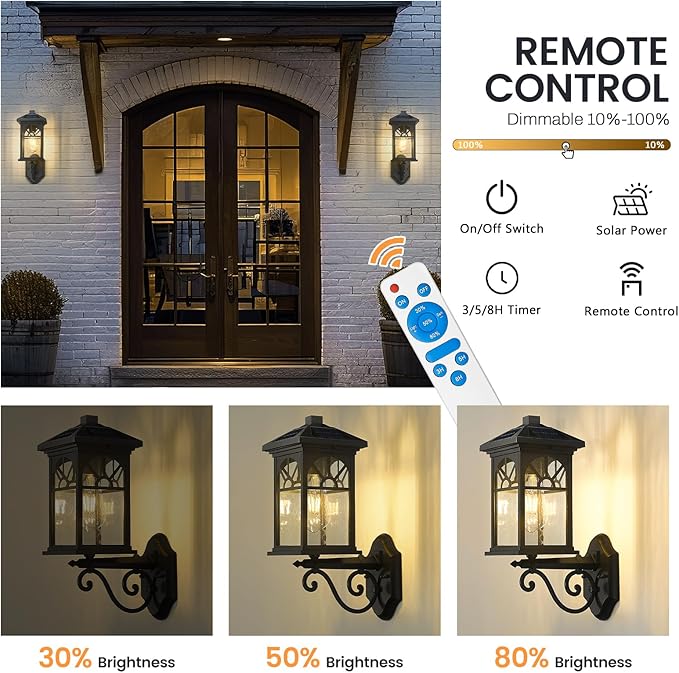 zeyu 15.8 Inch Solar Exterior Lighting Fixture Exterior Wall Light Fixture with Remote Die-Cast Aluminum with Seeded Glass Shade Black Finish ZYX112B SL BK