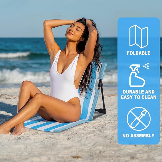 Karenhi 2 Pcs Stripes Foldable Pool Chairs Portable Folding Beach Chairs for Edge of Pool Portable Flip Poolside Chair for Adult Summer Traveling Camping Picnic Lawn (Blue and White)