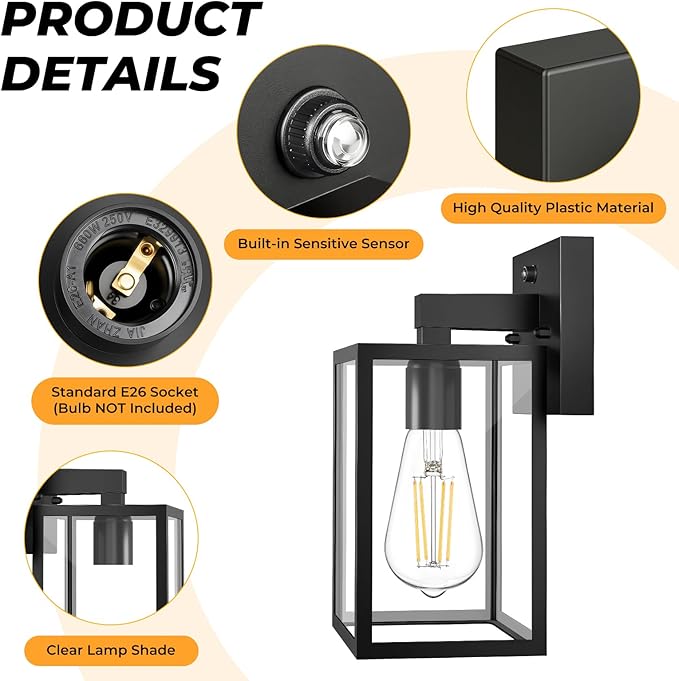 FOLKSMATE 2 Pack Dusk to Dawn Outdoor Wall Light Fixtures Exterior Porch Light Waterproof Wall Sconces Lanterns Sensor Lighting Wall Mount for House Doorway Garage Black