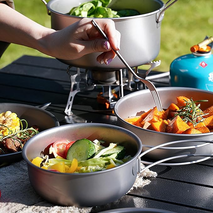 Camping Frying Pan Ultralight Titanium Outdoor Cookware for Hiking Backpacking Portable Folding Handle Mess Kit Skillet (700ml/1200ml)