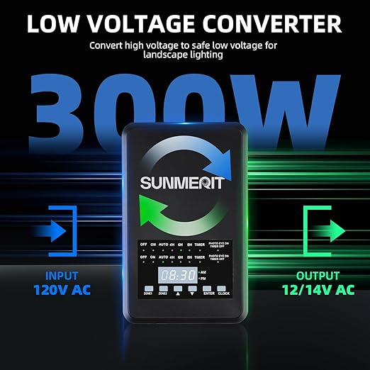 300 watt Low Voltage Landscape Transformer with 2 Zones Independent Control Output Outdoor Lighting Transformer with Timer and Photocell Sensor 120V AC to 12V /14V AC for Pathway Lights Spotlight