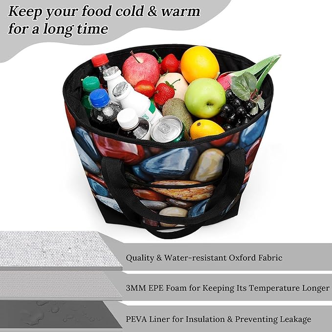 Insulated Shopping BagLarge Reusable Cooler Bags Color Stones Hippie Printed Foldable Shopping BagTravel Waterproof Shoulder Bag