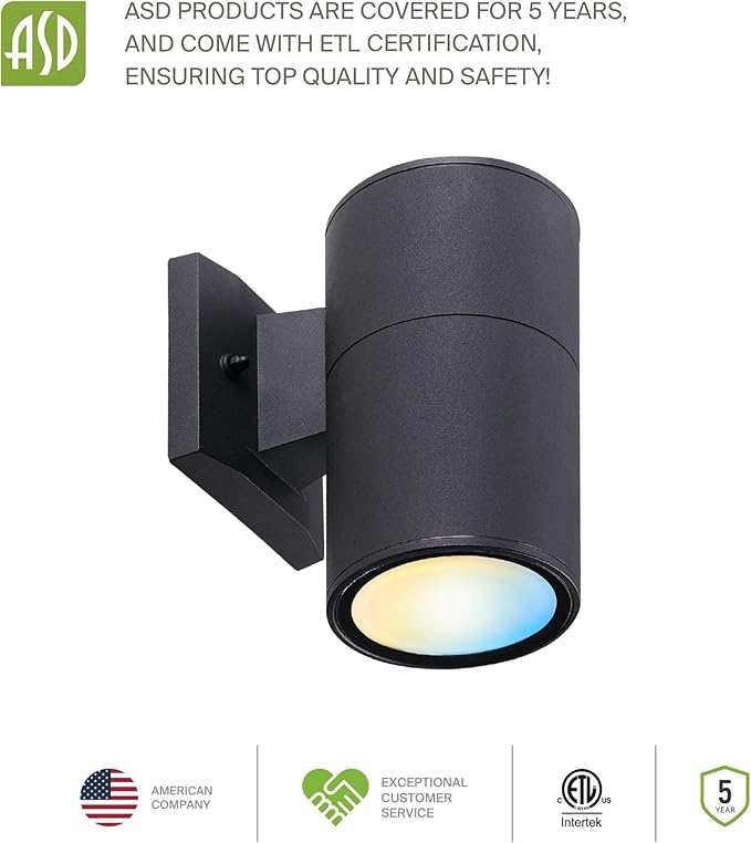 ASD 1 Light Dusk to Dawn LED Outdoor Wall Light Fixture | 9W 1000LM 3000K-5000K 120V Cylinder Up Down Lights | Waterproof Exterior Wall Sconce | Front Door Porch Patio | Black ETL