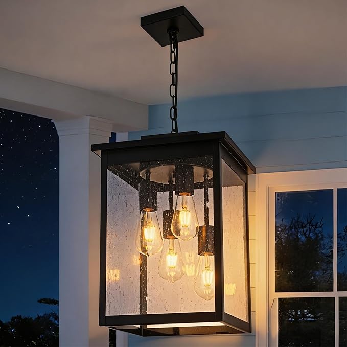 TODOLUZ 4-Lights Large Outdoor Pendant Light Fixture Farmhouse Waterproof Black Porch Hanging Lighting with Adjustable Chain Seeded Glass Panel &amp E26 Bulb Base for Patio Garden Entryway