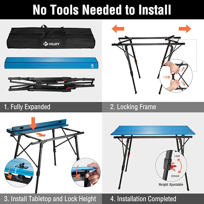 VILLEY Portable Camping Table with Adjustable Legs Lightweight Aluminum Folding Beach Table with Carrying Bag for Outdoor Cooking Picnic Beach Backyards BBQ and Party