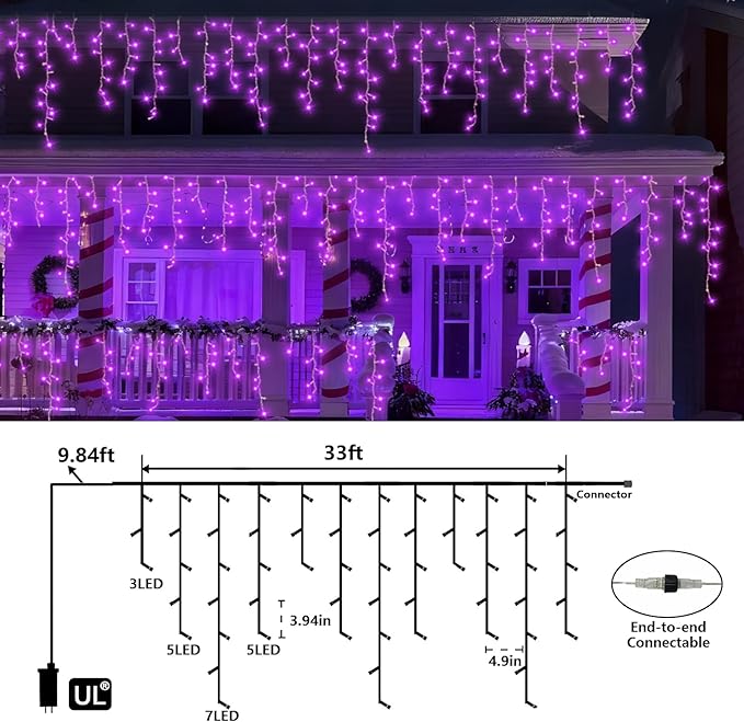 QITONG Purple Icicle Lights for Outside 33ft 400 LED String Light Indoor Plug in Clear Wire Connectable Icicle Christmas Lights with 8 Modes