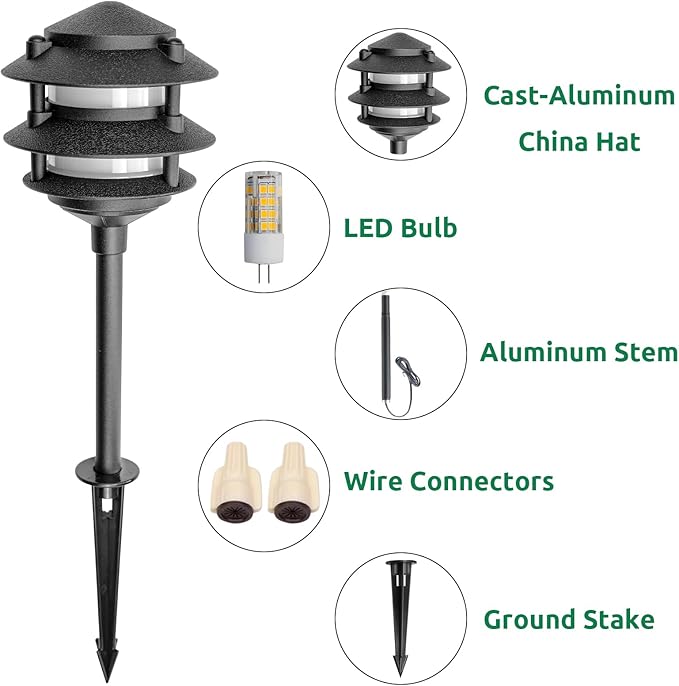 Lumina Lighting® Low Voltage Landscape Lighting Cast-Aluminum Pagoda Path and Area Light Warm White 4W G4 LED Bulb and ABS Ground Stake Included for Yard Walkway Lawn PAL0103-BKLED4 (Black4-Pack)