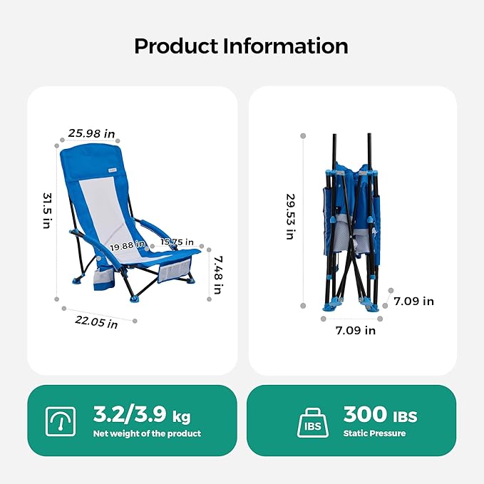 SUNNYFEEL Low Folding Beach Chair for Adults Portable Lightweight Sling Beach Camping Chairs with Cup Holder ArmrestFoldable Camp Lawn Chair for Outdoor Sand Concert Travel Sport Events300LBS