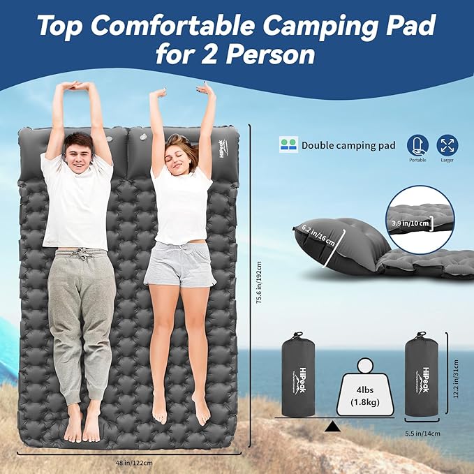 HiiPeak Double Sleeping Pad - Self Inflating 3 Extra-Thick for 2 Person with Pillow Built-in Foot Pump Inflatable Sleeping Mat for Backpacking Hiking Traveling Tent Portable Camping Mat (Gray)