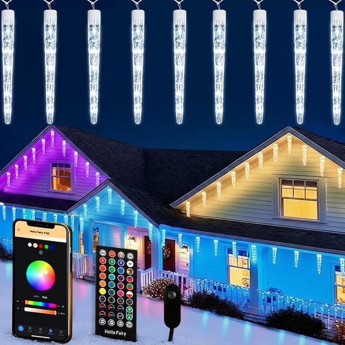 Smart Christmas Icicle Lights for Outside 33FT 20 Tubes RGBW LED Icicle Christmas Lights Outdoor App Remote Controlled DIY Dynamic Effects and 50+ Scenes for House Roof Decorations