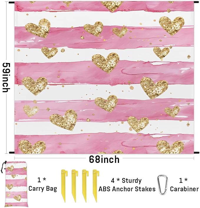 Waterproof Sandproof Beach Blanket 59''×68'' Golden Heart Pattern Polyester Outdoor Picnic Blanket with 4 Stakes &amp Storage Bag for BeachCampingVacation
