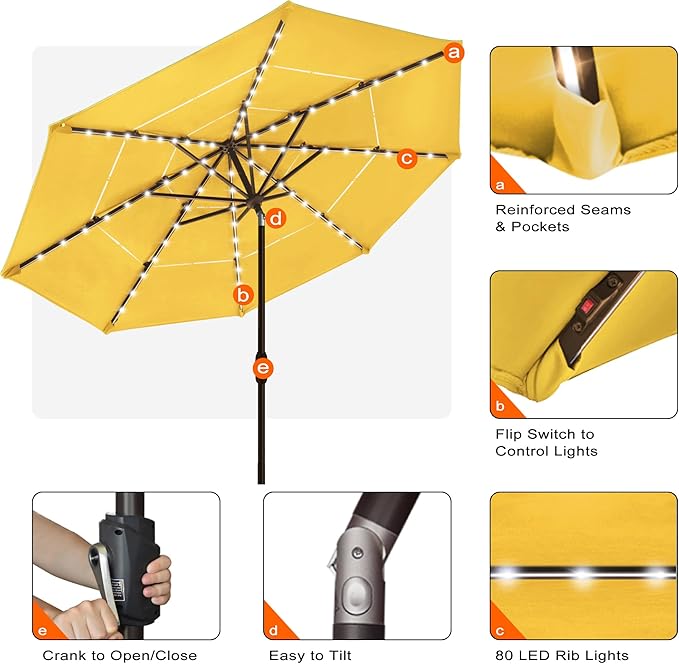 EliteShade USA 10-Year-Non-Fading 10Ft 3 Layers Market Umbrella with 80 LED Lights Patio Umbrella Outdoor Table Umbrella with Ventilation(Sunflower Yellow)