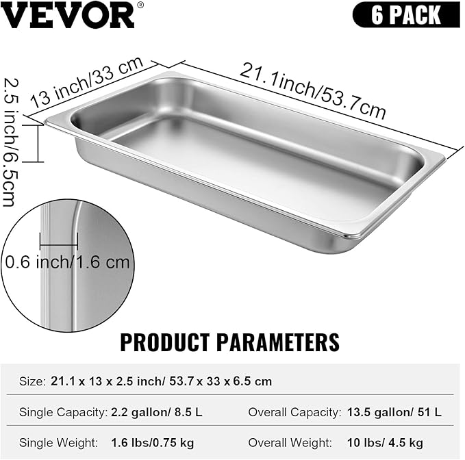 VEVOR Hotel Pans Full Size 2.5 Inch Deep Steam Table Pans 6 Pack0.8mm Thick Stainless Steel Hotel Pan Anti Jam Steam Table Pan for Home Party Restaurant Hotel Buffet