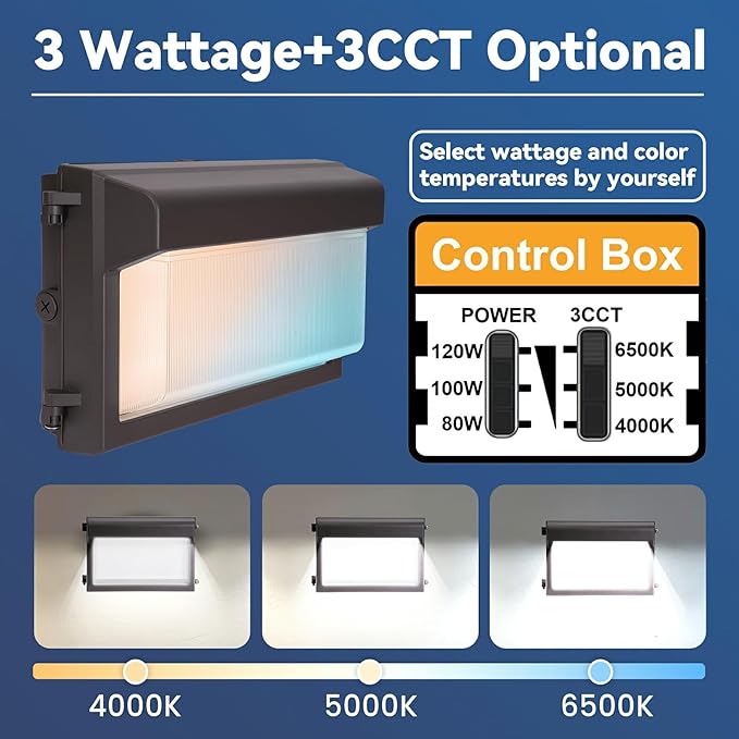 120W LED Wall Pack Light 2Pack Glass Lens LED Wall Lights with Photocell 4000/5000/6500K 3CCT 80/100/120W Selectable Commercial Outdoor Security Lighting for Building Parking Lot ETL Listed