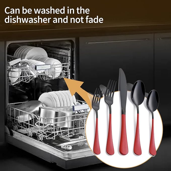 20-Piece Black and Purple Stainless Steel Flatware Set - 4 Dinner Knives Forks Spoons Salad / Dessert Teaspoons - Dishwasher Safe