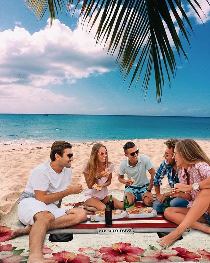 Beach Blanket Waterproof Sandproof Oversized Puerto Rican Flag Car Beach Mat with Corner Stakes Sand Pockets Algiers Frog on Vintage Letter Outdoor Picnic Mat for Travel Camping Hiking 95x80In