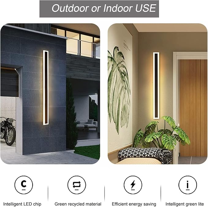 2Pack 23.6inch Long Outdoor LED Wall Light18W Waterproof IP65 Warm White 110V led Wall Mount Lighting Fixture Rectangular Black Garage Wall Lights Elegant Frosted White Acrylic Anti Rust