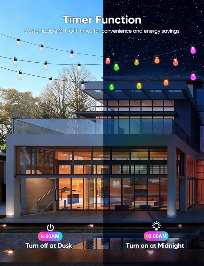 APPECK Outdoor String Lights 150ft Smart RGBW Outdoor Patio Lights with 45 LED Bulbs Extendable 111 Scene Modes IP65 Waterproof Lighting for Outside Dimmable Warm White Compatible with Alexa