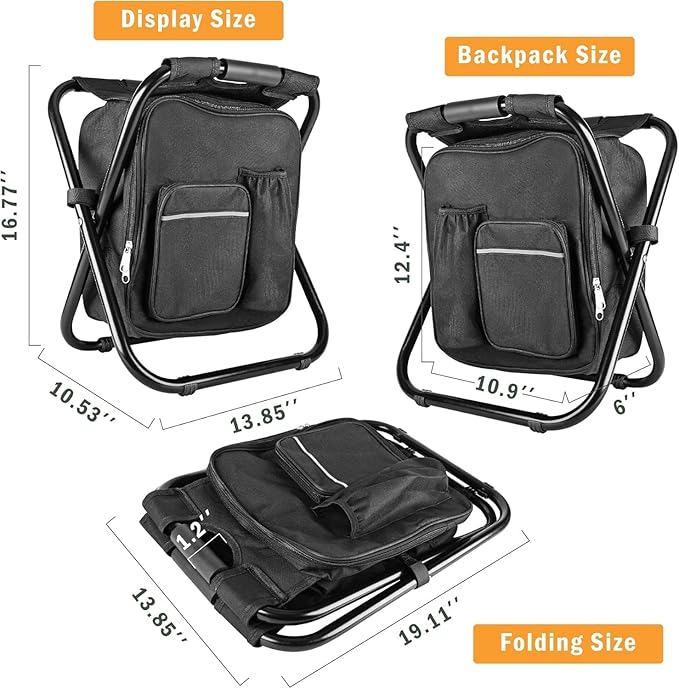 Out&ampAbout 3-in-1 Backpack Stool Cooler Chair 400 LBS Max Load Portable Folding Fishing Cooler Stool - Black