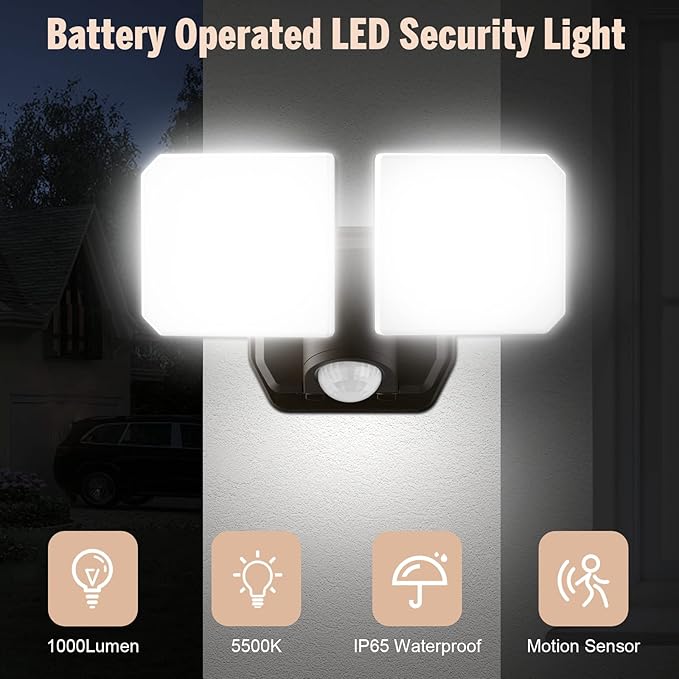 Battery Powered Flood Light Outdoor5000K 2 Modes High Brightness 1000LM Motion Sensor Security Light6-Month Battery Life49FT Sensing Distancewireless security lightsOutdoor or Indoors Used