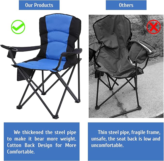 Oversized Camping Chair Folding Heavy Duty Quad Outdoor Large Lawn Chairs Portable Support 400 lbs Padded Thicken Oxford with Armrests Storage Bag Cup Holder Carry Bag for Outside(Blue)
