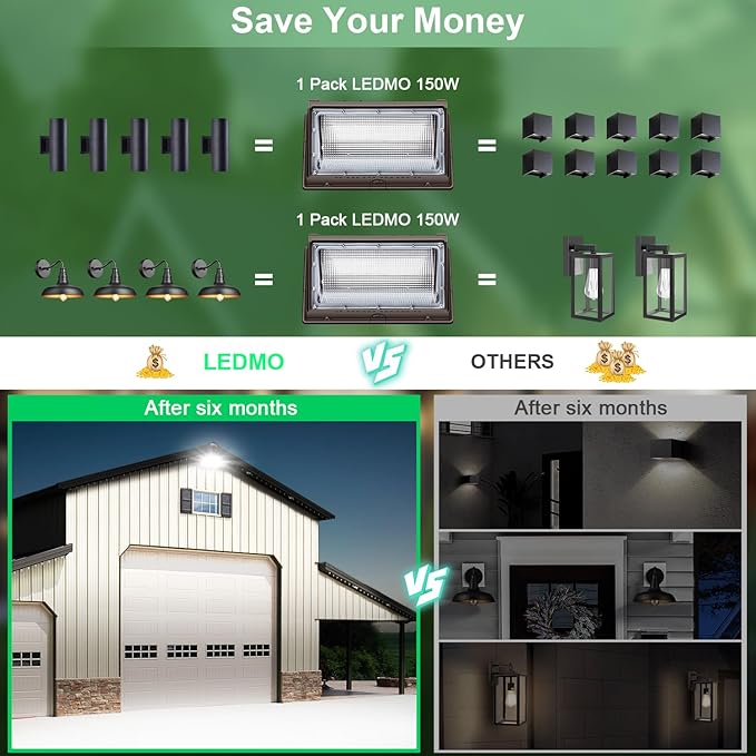 ledmo Wall Pack Light 150w Waterproof 5000K 21000lm 100-277V Equivalent Energy Save Ultra Bright Commercial Outdoor LED Wall Lights Exterior Security Flood Lighting 4 Pack for YardGarageBuilding