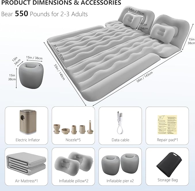 BEBAS Car Air Mattress - Inflatable Back Seat Air Mattress for Car Thick Camping Sleeping Pads with 2 Pillows &amp Rechargeable Air Pumps Portable Travel Airbed for Pickup Trucks