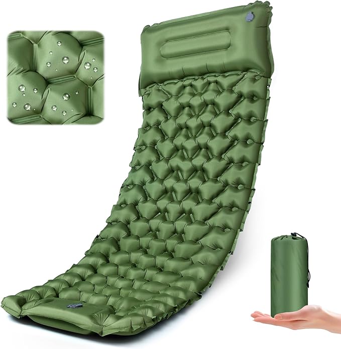 Ultralight Air Pad: 1.9lbs Camping Mattress with Pillow &amp Foot Pump - 4 Thick with One-Second Deflation for Easy Backpacking