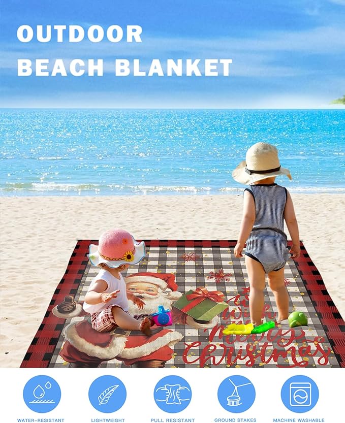 Beach Blanket Waterproof Sandproof Santa Claus Christmas Winter Snowflakes Quick Drying Beach Mat with 4 Stakes Red Black Buffalo Plaid Lightweight Picnic Blanket for Travel Camping 118x108
