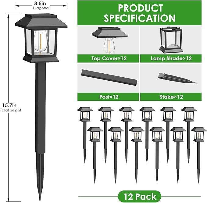 Solar Outdoor Lights 12 Pack Solar Pathway Lights Waterproof Landscape Lighting for Path Walkway Lawn Garden Yard Outside Décor Black