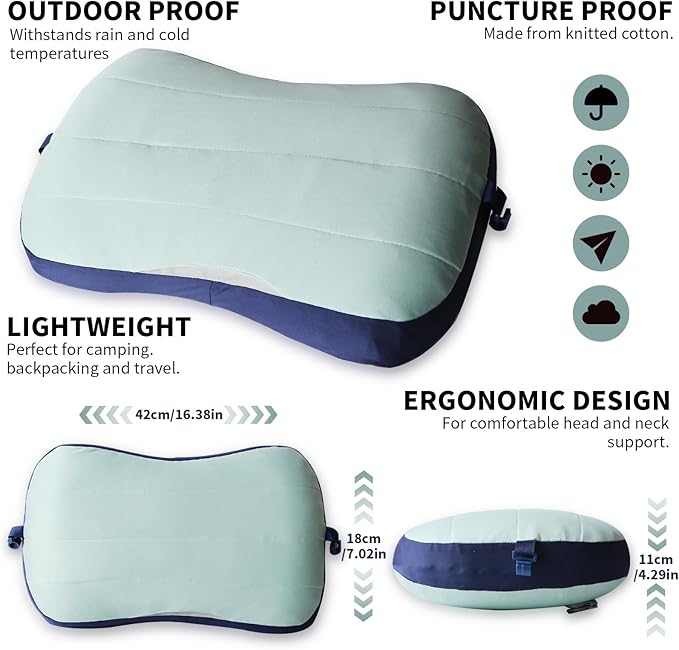 Inflatable Travel Pillow Portable Air Pillow Beach Camping Pool Pillow - Fast Inflation/Deflation Compact Neck Support (Aqua Green)
