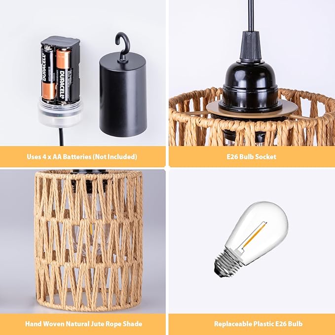Battery Operated Chandelier Battery Hanging Pendant Light Rattan Lights with Warm White Bulb 4*AA Battery Powered for Gazebo Pergola Porch Patio Outdoor Indoor Decor (2)