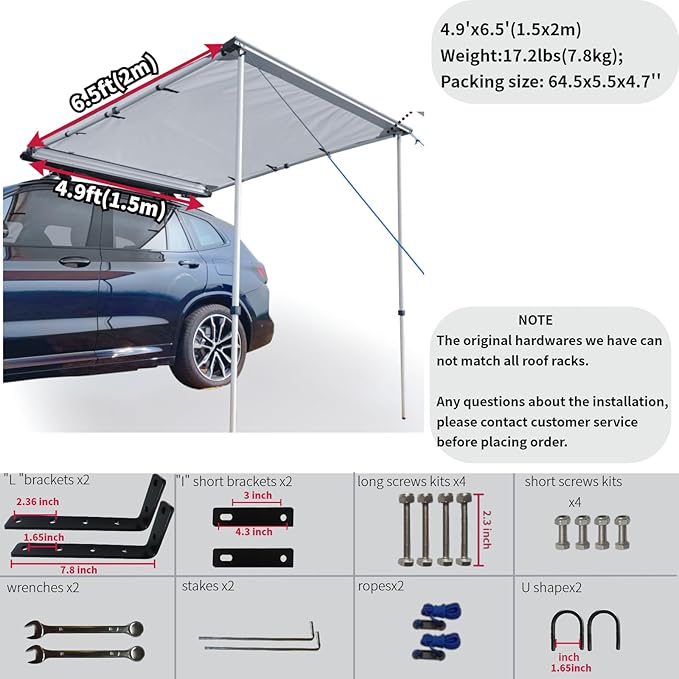 DANCHEL OUTDOOR Car Awning 4.9x6.5ft Roof Rack Pull-Out Sun Shelter Canopy Waterproof 4x4 Vehicle Side Overland Awning Camping Gray