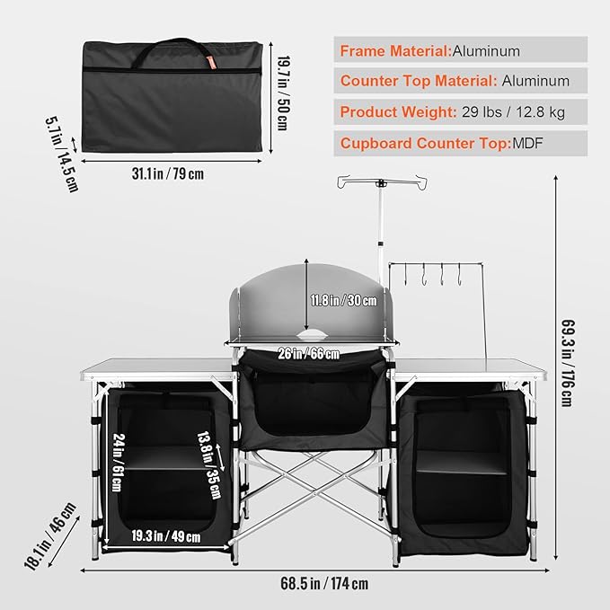VEVOR Camping Kitchen Table Folding Outdoor Cooking Table with Storage Carrying Bag Aluminum Cook Station 3 Cupboard &amp Detachable Windscreen Quick Set-up for Picnics BBQ RV Traveling Black