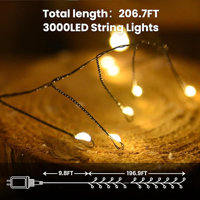 Dailyart Fairy Lights Plug in 3000 Led Cluster Lights with Timer 195Ft Waterproof Warm Twinkle String Light with Remote for Bedroom Wreath Garland Window Wedding Christmas Tree DecorationBlack Wire