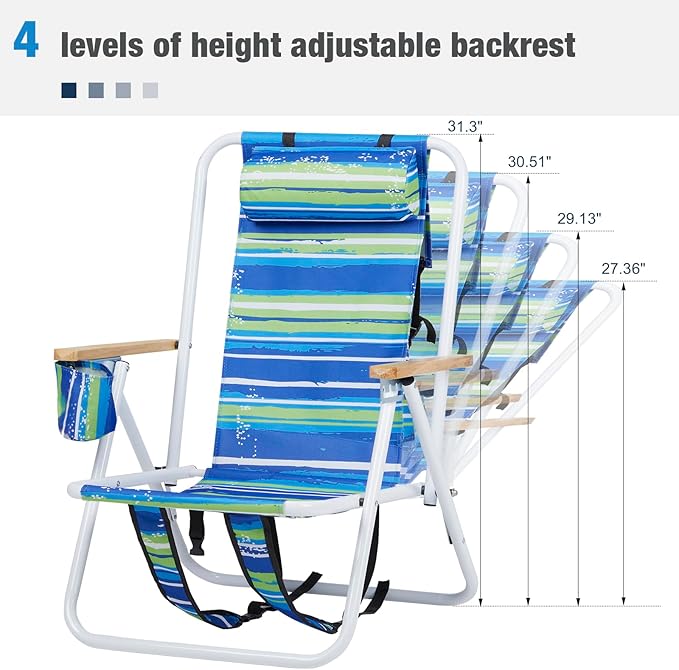 Folding Beach Chair Adjustable Headrest w/Tilt Angle Cup Holder Portable High Strength Cleanable Fabric for Sand Camping Lawn Concert Travel Festival (Blue Stripe 1)