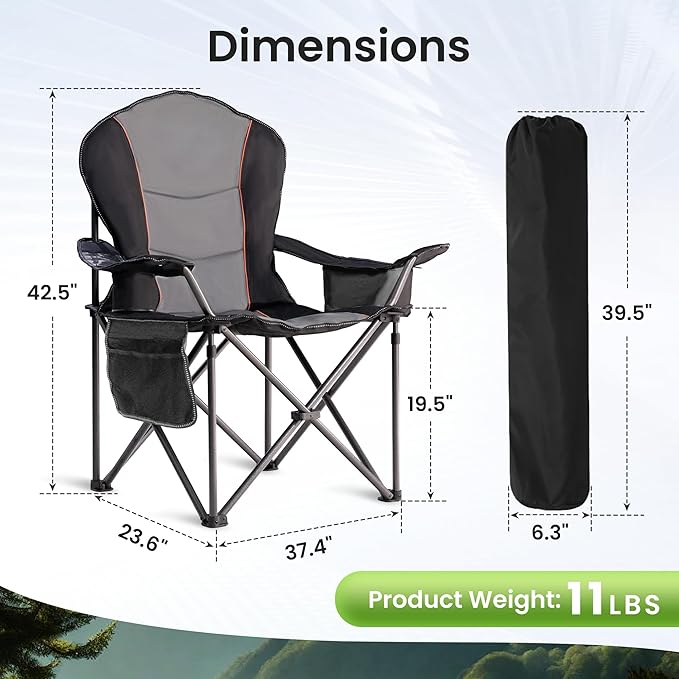 Folding Camping Chairs for Adults - High Back Padded Outdoor Lawn Chairs with Lumbar Support &amp Cup Holder (Black &amp Gray 1 Pack)