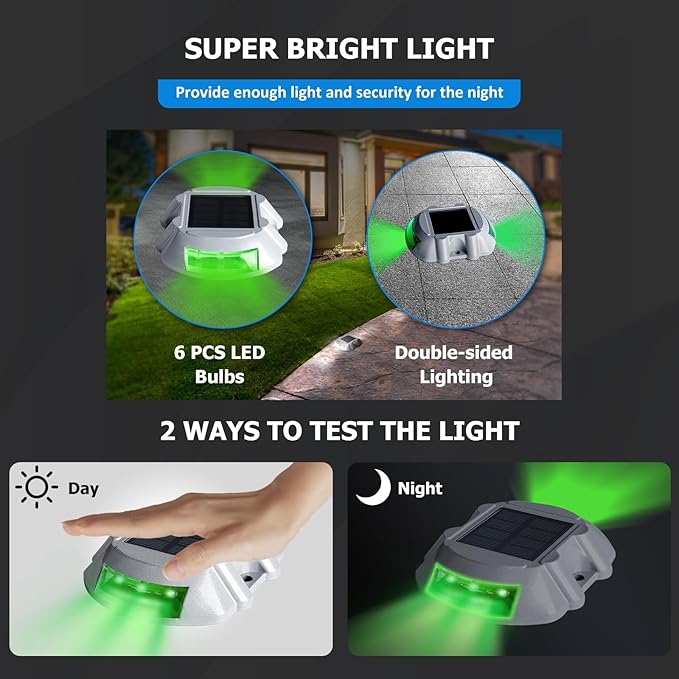 JIGUOOR Solar Deck Lights LED Driveway Lights Solar Powered Dock Light Outdoor IP68 Waterproof Road Markers for Step Sidewalk Stair Boat Garden Ground Pathway Yard (Green 14 Pack)