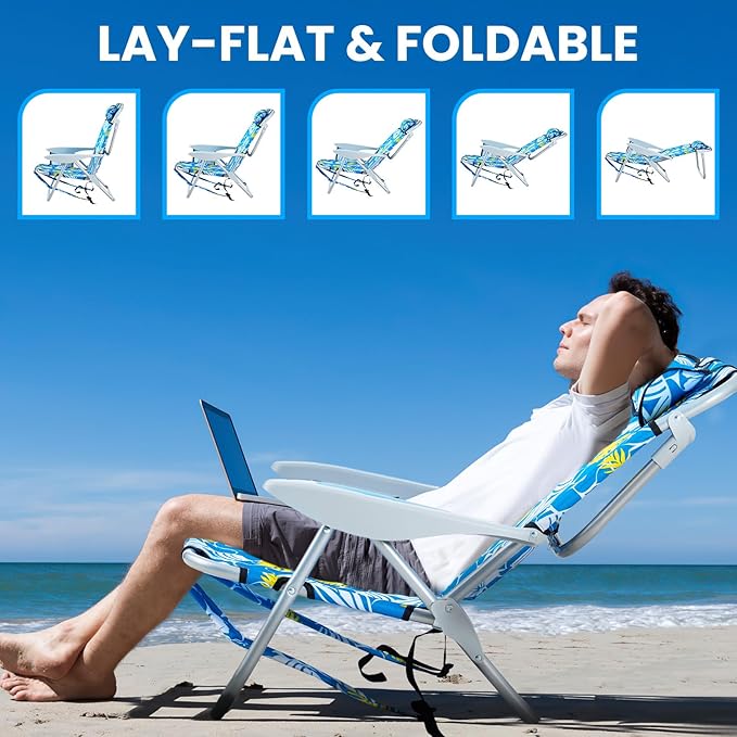 2 Pack Lightweight Portable Camping Beach Chair for Adult Outdoor Lay Flat Folding Beach Chairs with 5 Positions Backpack Beach Chair with Towel Bar Zipper Pouch Cup Holder Hawaiian Style