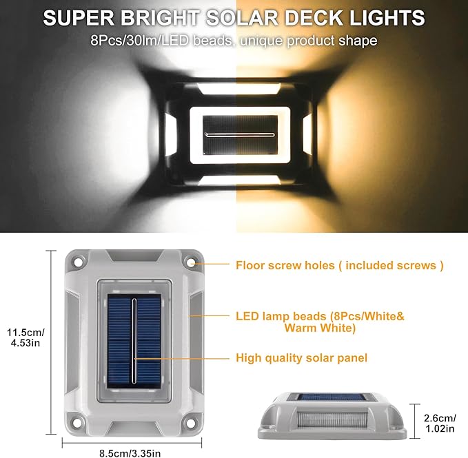Solar Deck Lights Driveway Dock Lights- 8 Packs Waterproof 1200mAh Solar Powered Outdoor LED Aluminum Dock Lighting Road Markers Step Light for Sidewalk Garden Pathway Yard (White/Warm White)