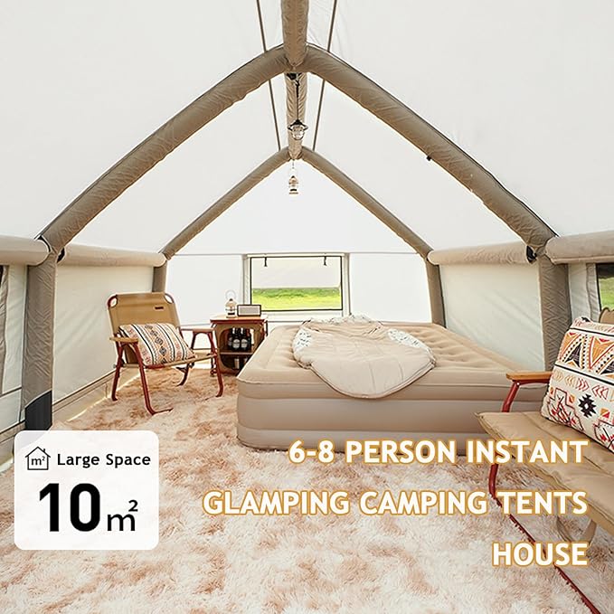 Inflatable Tent with Pump 6-10 Person Instant Glamping Camping Tents House Easy Setup Blow Up Family Tents for 4 Seasons Waterproof Inflatable Tent for Camping