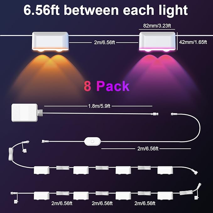 Outdoor Deck Lights 8 Lights Smart Fence Lights Compatible with Alexa &amp Google Home IP65 LED Patio Deck Lighting with Remote Fence Lighting Music Sync for Patio Yard Garden(52.4ft)