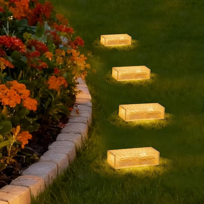 Wokyo Solar Brick Steps Lights Outdoor Cement Wall Lights 7.8x3.9 inch Rectangular Solar Brick Paver Lights for Garden Lawn Yard Pathway Driveway Walkway Decor 4 Packs (Rectangular-Warm White)