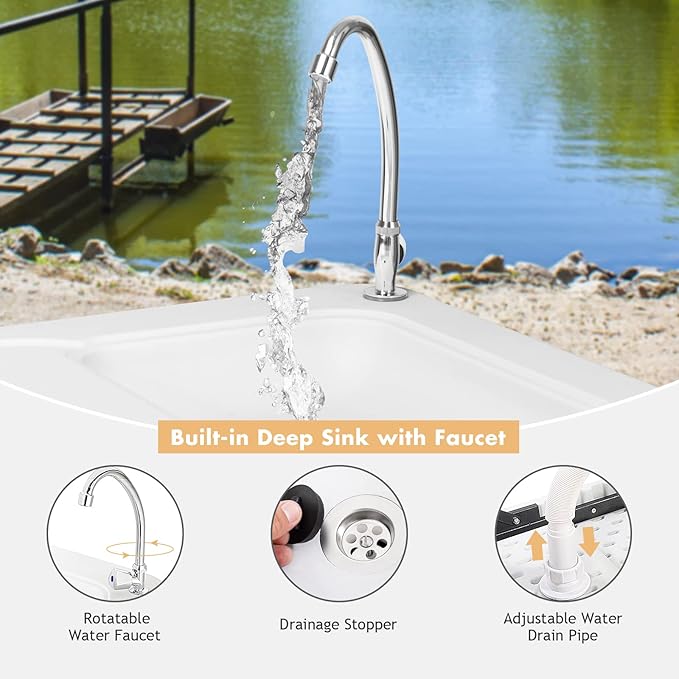 Fish Cleaning Table with Sink Portable Camping Table w/Flexible Faucet Drainage Hose Hook Up Outdoor Fish Cleaning Station for Garden Backyard Kitchen