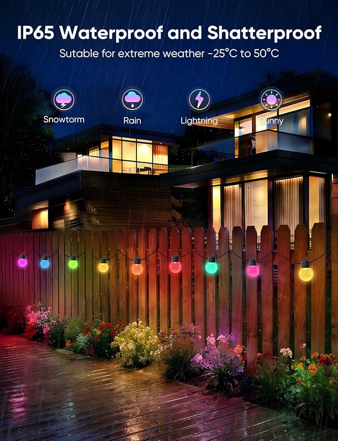 APPECK Outdoor String Lights 100ft RGBW Color Changing Patio Lights with 50 Dimmable LED Bulbs 111 Scene Modes IP65 Waterproof Lighting for Outside Party Backyard Pool Compatible with Alexa